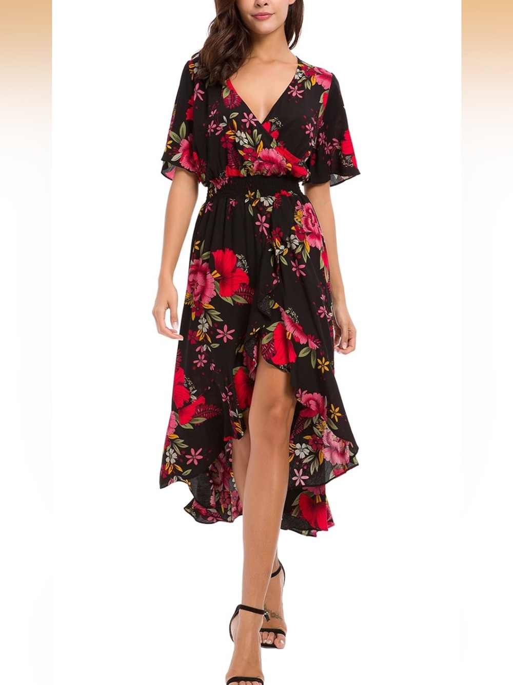 Kormei Womens Short Sleeve Floral High Low V-Neck Flowy Midi Dress. Size XL (14)